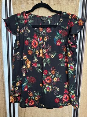 Black Floral Ruffled Shoulder Blouse by OLM